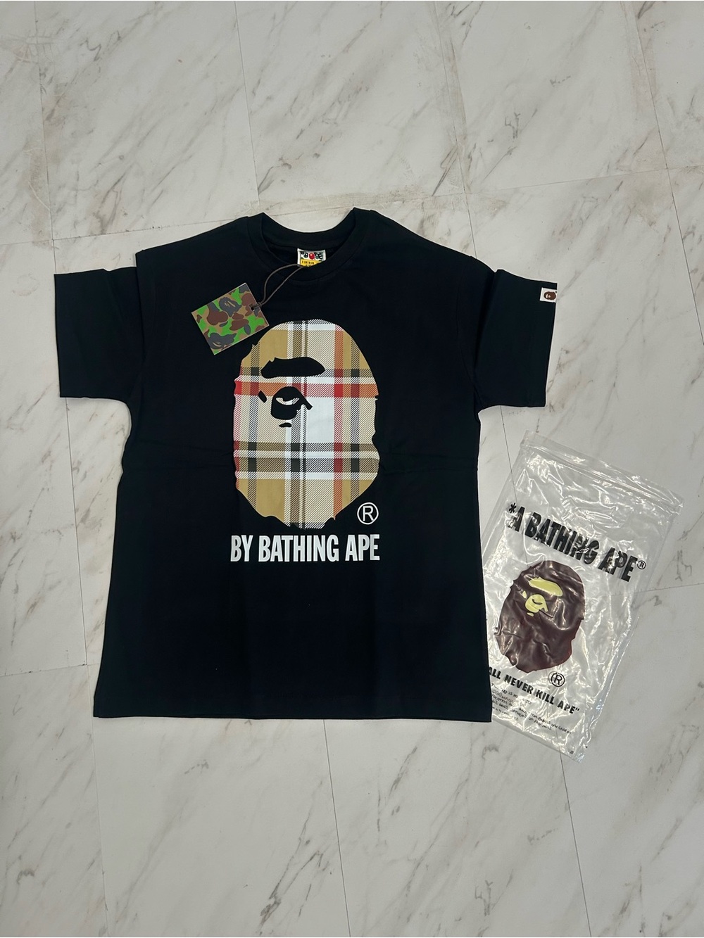 A Bathing Ape Black Short-Sleeve Logo Tee with Plaid Graphic